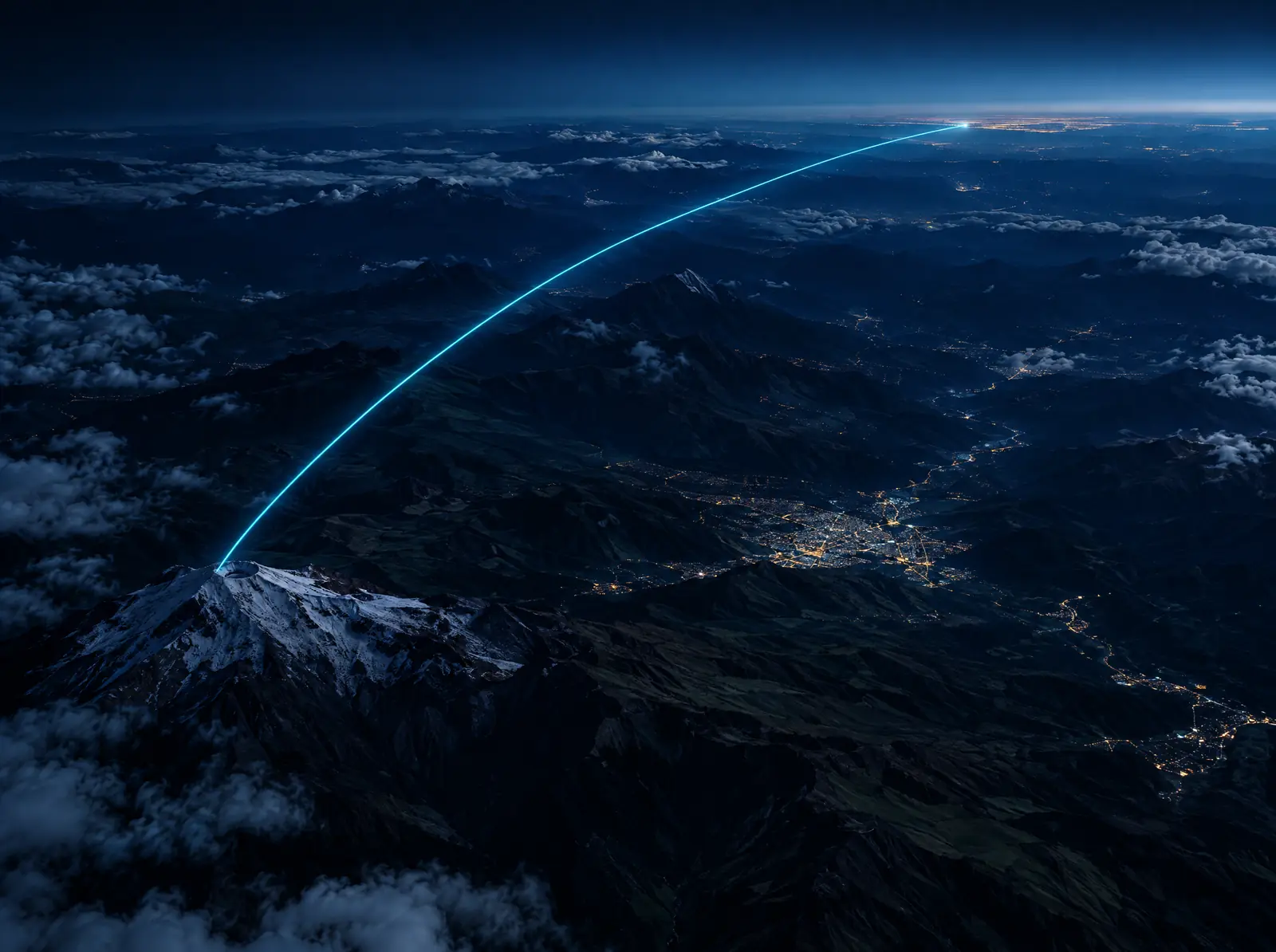 Night landscape of the Andes with an illustrated delivery route